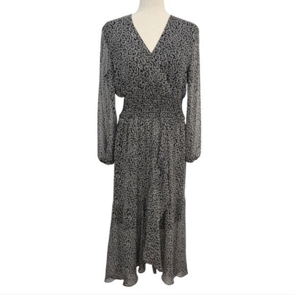 Bardot Womens Black White Floral Maxi Dress 10 Smocked Waist Sheer Sleeve Boho